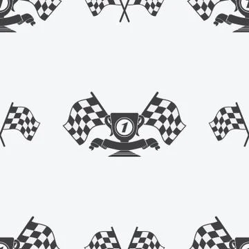 Checkered Flag or racing flags icon seamless pattern first place prize cup an Stock Illustration