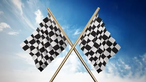 Checkered flags on blue sky background. 3D illustration Stock Illustration