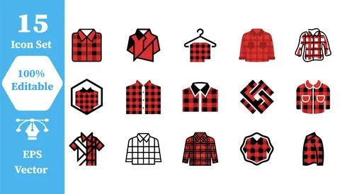 Checkered flannel shirt patterns and clothing icon set with checkered, clothi Stock Illustration