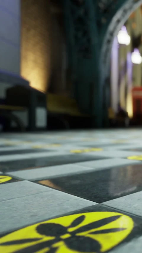 Checkered floor with yellow markings in a public building at night Stock Footage 332207728