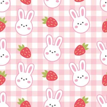 Checkered pattern with cute rabbits and strawberries Stock Illustration