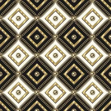 Checkered pattern with gold chains, beads Stock Illustration