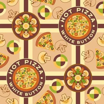 Checkered pattern with mushroom pizza. Logo, elements in simple geometric sty Illustration
