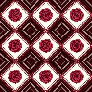 Checkered pattern with red ball bead beads, roses Stock Illustration
