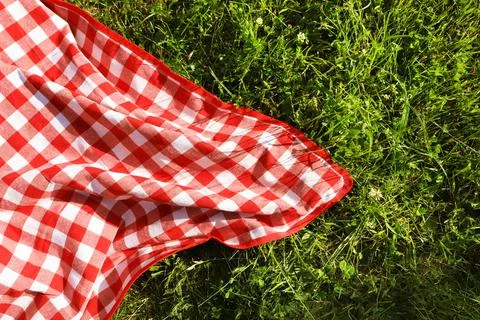 Checkered picnic tablecloth on fresh green grass, top view. Space for text Stock Photos