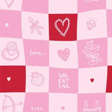 Checkered pink romantic pattern seamless with vintage linear doodle elements - Stock Illustration