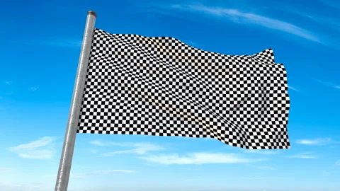 Checkered Racing Flag Waving on Pole Against Blue Sky with Luma Matte Stock Footage 348229924