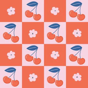 Checkered seamless pattern with cherries and flowers on checkerboard. Stock Illustration