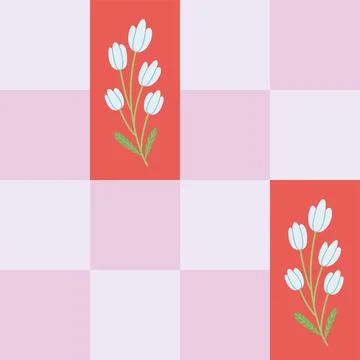 Checkered seamless pattern with cute hand drawn flower branch. Trendy groovy Stock Illustration