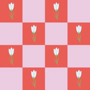 Checkered seamless pattern with cute spring flower. Trendy retro backdrop with Stock Illustration