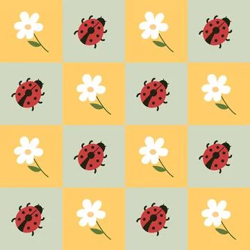 Checkered seamless pattern with flower and lady bug. Cute spring pattern for Ilustración de archivo