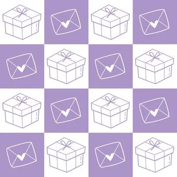 Checkered Seamless Pattern with Gift Box and Envelope Valentines Day Doodle Stock Illustration