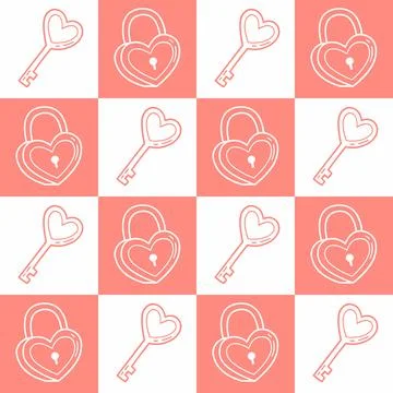 Checkered Seamless Pattern with Heart Lock and Key Valentines Day Doodle Stock Illustration