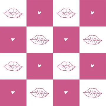 Checkered Seamless Pattern with Lips and Heart Valentines Day Doodle Stock Illustration