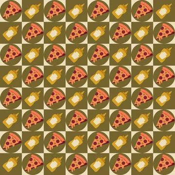 Checkered seamless pattern with pizza slices and mustard bottles on olive gre Stock Illustration