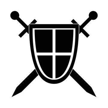 Checkered shield with 2 swords black icon Stock Illustration