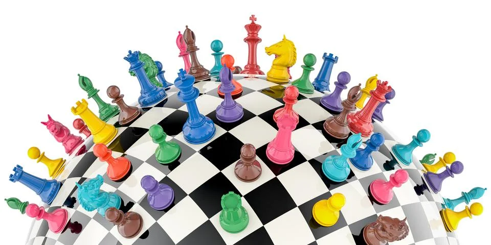Checkered sphere as chess board with colored chess pieces. 3D rendering Stock Illustration