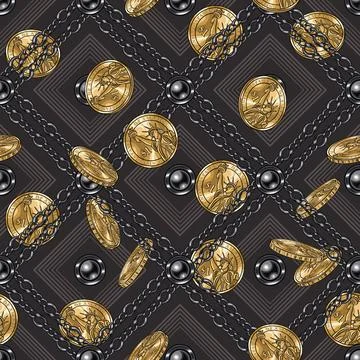 Checkered vintage dark pattern with dropping gold coins, chains Stock Illustration