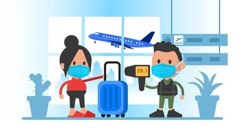 Checking airport passengers temperature. Spreading coronavirus infection. Stock Illustration