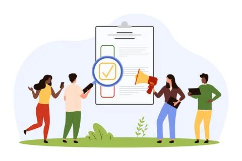 Checking and analyzing the survey list by tiny people with a magnifying glass 스톡 일러스트