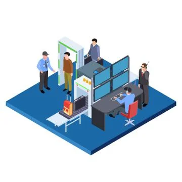 Checking baggage and people, security service isometric vector illustration Stock Illustration