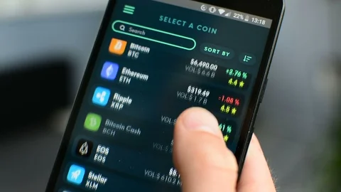 Checking Bitcoin cryptocurrency portfolio list on Ethos universal mobile wallet 스톡 동영상 93787534