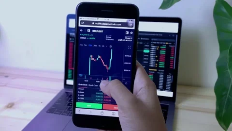 Checking Bitcoin price chart on digital exchange on mobile phone screen Stock Footage 220062874