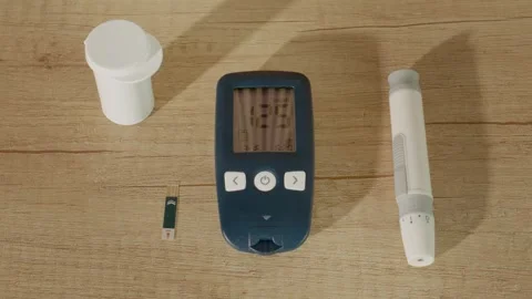 Checking blood sugar level with glucometer on a wooden table Stock Footage 334033186