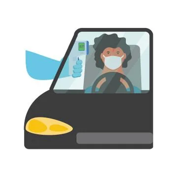 Checking body temperature in the car on white background Stock Illustration