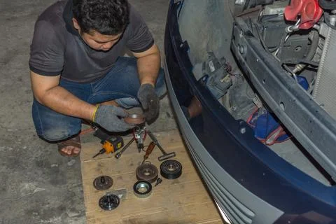 Checking a car at garage Foto stock