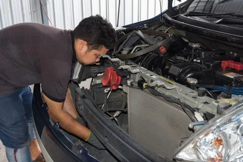 Checking a car at garage Foto stock