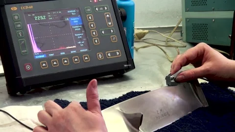 Checking condition of rotor blades. Ultrasonic testing. Finder on edge of blade. Stock Footage 138879416