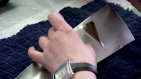 Checking condition of rotor blades. Ultrasonic testing. Finder on edge of blade. Stock Footage 139270792
