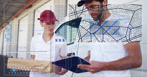 Checking courier marking clipboard in loading bay, in dark cap, with parcel and Stock Photos