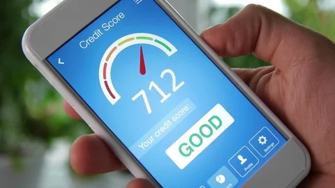 Checking credit score on smartphone using application. The result is GOOD Stock Footage