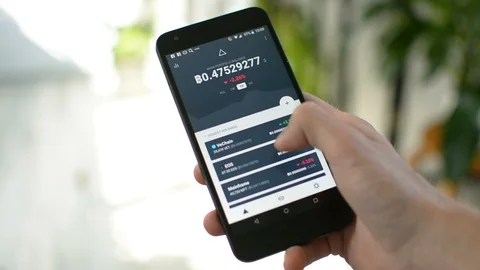 Checking cryptocurrency portfolio balance in mobe app 스톡 동영상 94085742