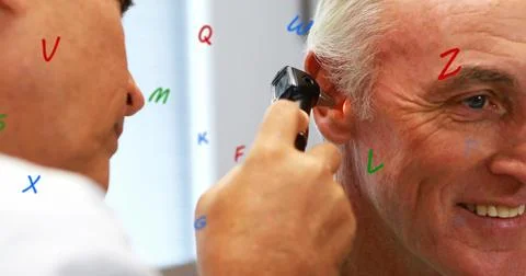 Checking doctor in lab coat inspecting senior in clinic using otoscope with Stock Photos