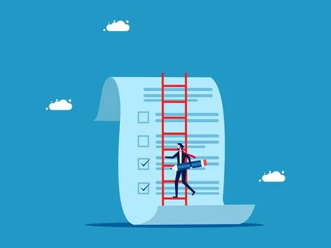 Checking documents. Businessman holding a pencil climbs a ladder to check rep Stock Illustration