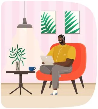 Checking email, watching video, searching in Internet. Man sits in chair with Stock Illustration
