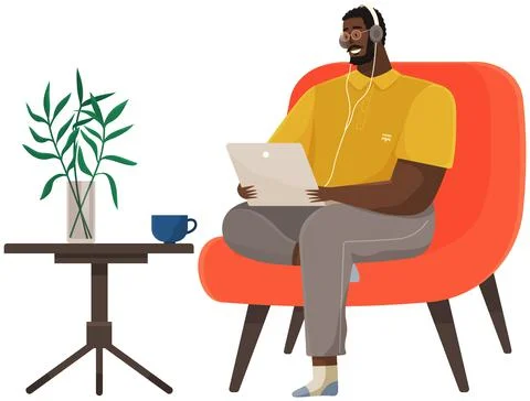 Checking email, watching video, searching in Internet. Man sits in chair with Stock Illustration