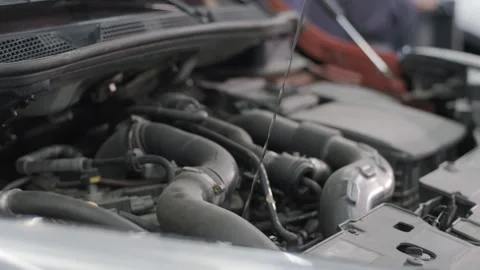 Checking Engine Oil Level with Dipstick in Car Engine Bay Stock Footage 310700384