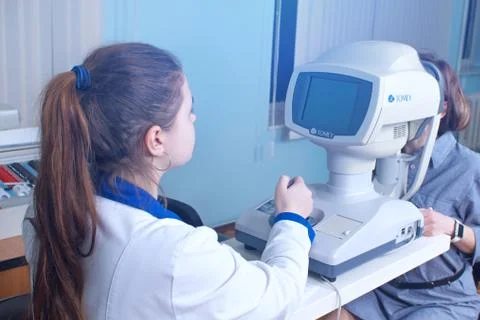 Checking eyesight in a clinic of the future Stock Photos