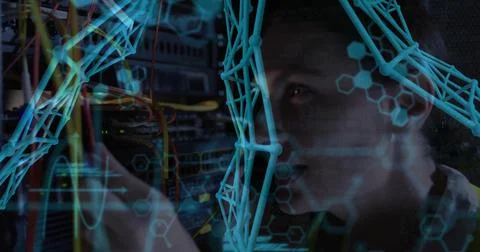 Checking female tech adjusting server rack at data center, wearing dark top, LED Stock Photos