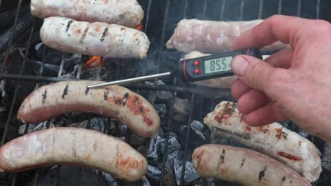 Checking Grilled Sausages with Digital Thermometer Stock Footage 278988390