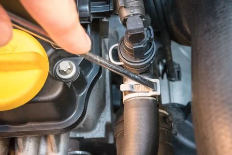 Checking a hose clamp with a screwdriver Stock Photos