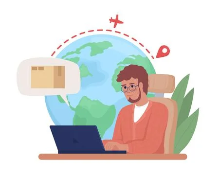 Checking international parcel delivery using laptop flat vector illustration Stock Illustration
