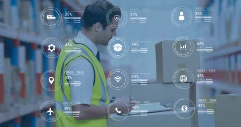 Checking inventory with data analytics animation, warehouse worker tracking Stock Footage 305293226
