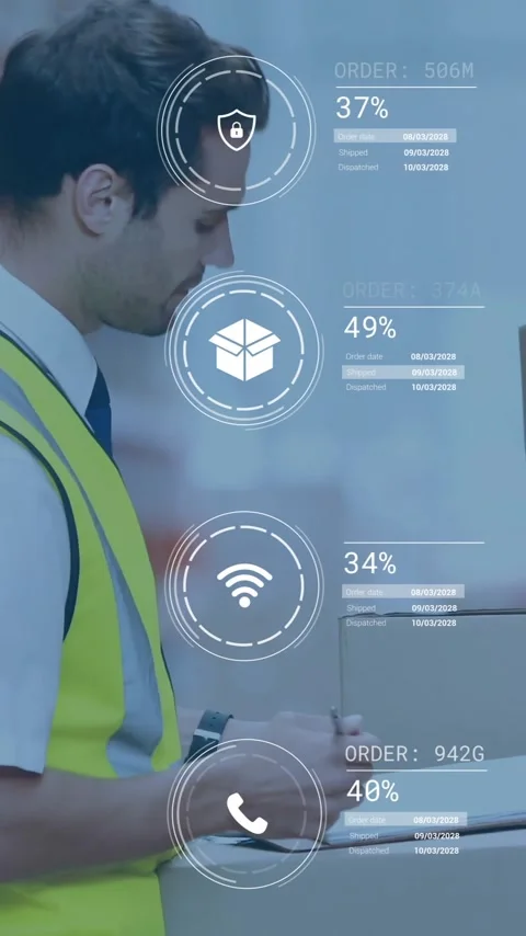 Checking inventory with data analytics animation, warehouse worker tracking Stock Footage 319883229