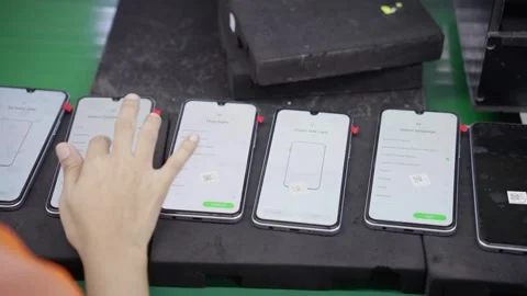 Checking led panels in android smartphone Production assembly line Stock Footage 247154519