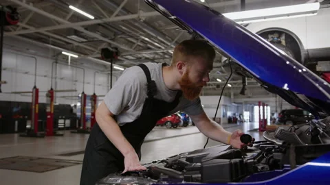Checking the level and quality of technical fluids of the car. Male mechanic Stock Footage 253391089